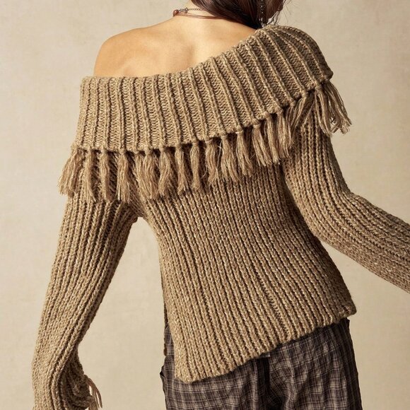 Khaki Casual Women's Off Shoulder Fringe Knit Sweater - Picture 2 of 8